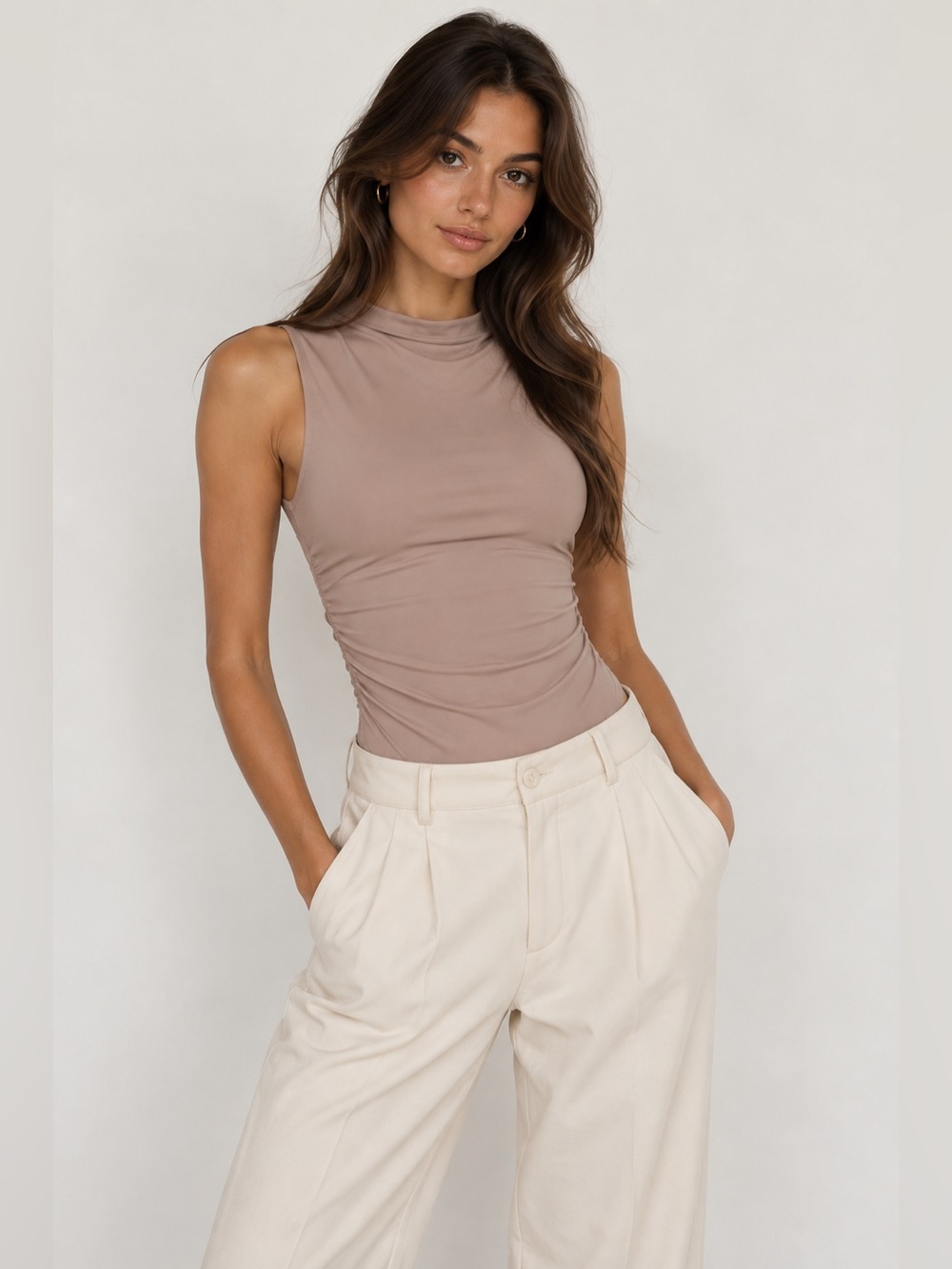Aritzia Sleeveless Mock Neck Tank in Taupe